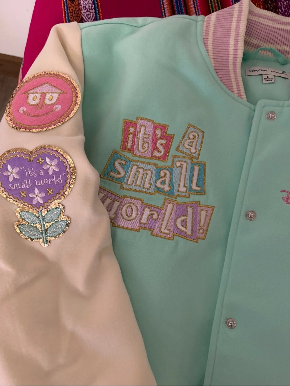 Disney "It's a Small World" x Stoney Clover Mint & Cream Varsity Jacket - Picture 2 of 6